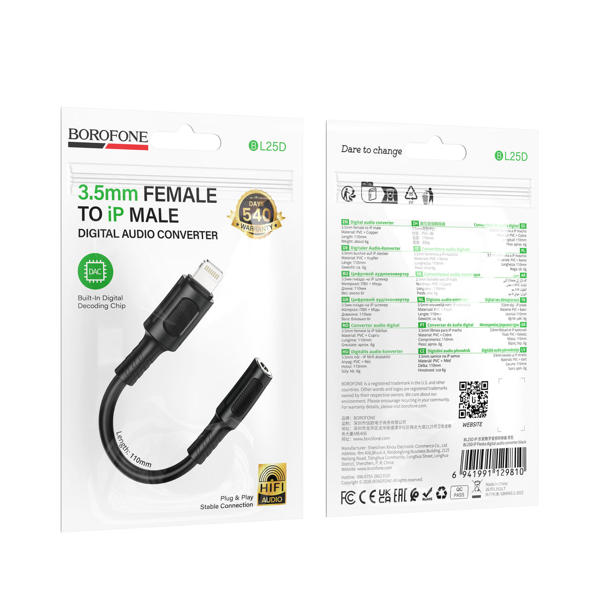 Borofone BL25D Fiesta 3.5mm Aux Female to Lightning Male Audio Headphone Jack Digital Adapter Converter (Black)