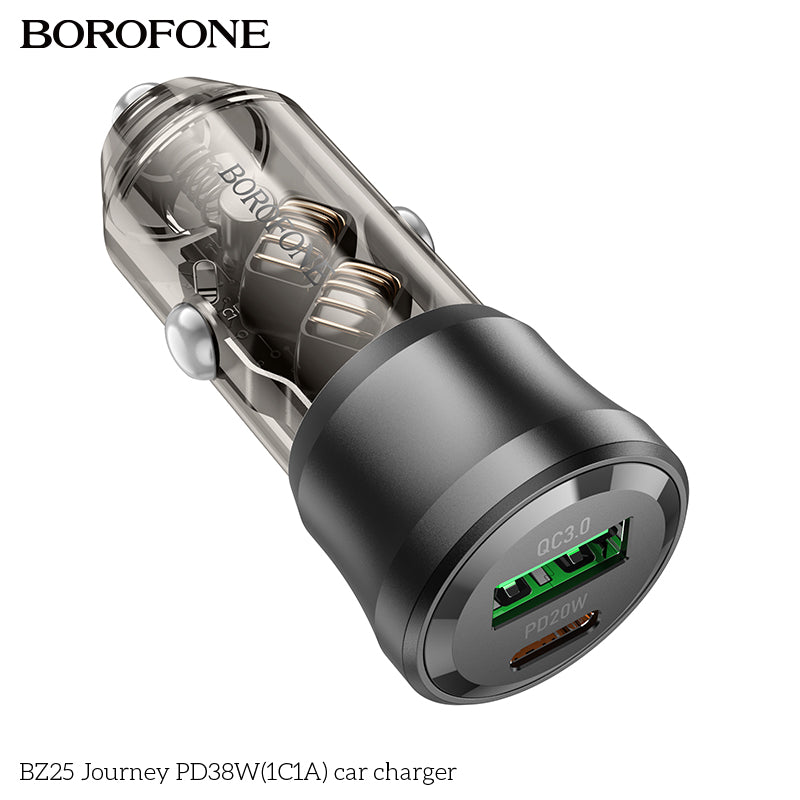 Borofone BZ25 38W PD20W PD USB Type C + QC3.0 USB A Fast Charging Quick Charger Car Charger Socket Adapter ( Transparent Black)