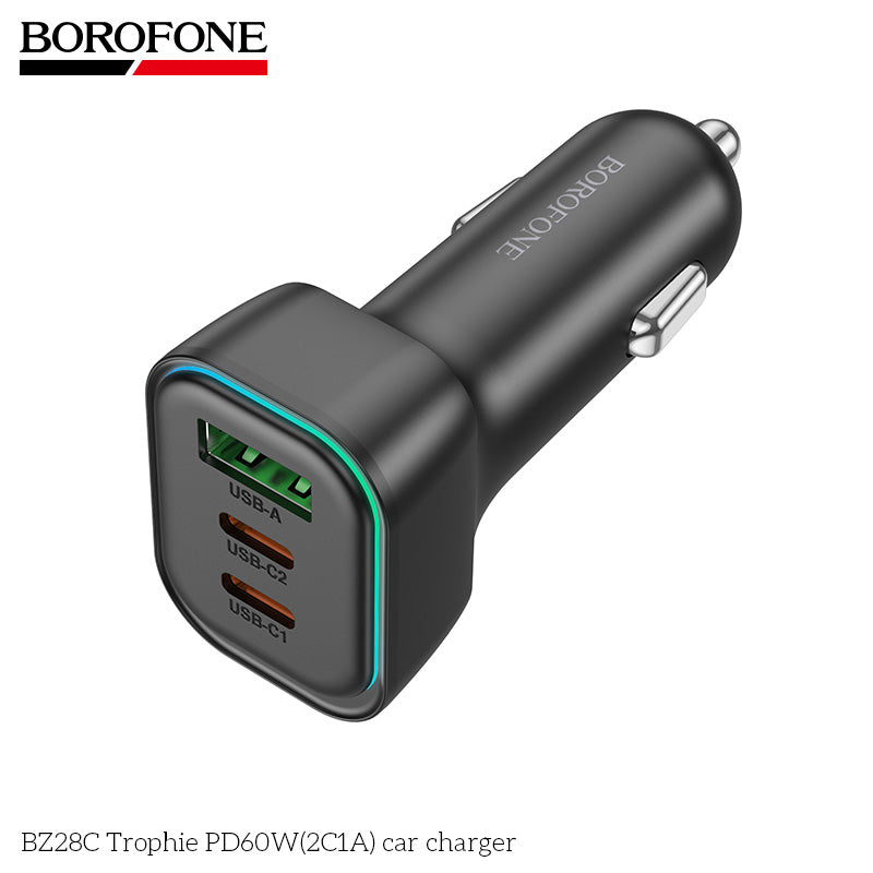 Borofone BZ28C 60W High Power Fast Charging Car Charger USB-A + Dual USB-C Quick Charging PD QC3.0 RGB Light