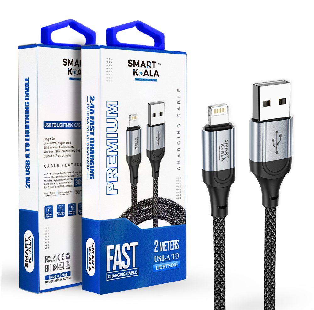 Smart Koala 2M USB A to Lightning 2.4A Fast Charging Charger Data Sync Cable Cord