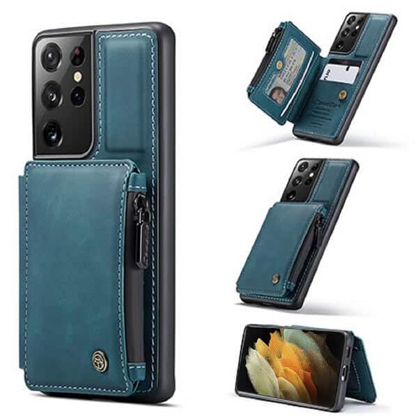 Samsung Galaxy S21 Ultra Teal Blue CaseMe Back Zipper Wallet Case