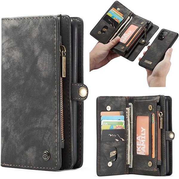 CaseMe For Samsung Galaxy A52 Zipper & Detachable Retro Leather Pouch Wallet Flip Purse Bag Detachable Phone Case Cover (Black)