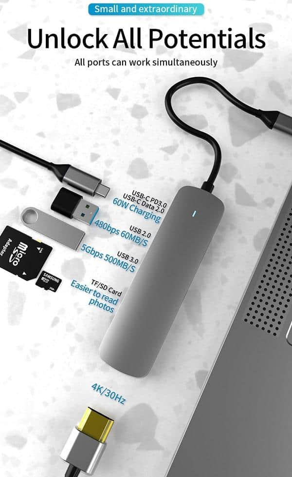 6in1 60W USB Type C Hub With 4K HDMI, 2 USB Ports SD/TF Card Reader USB C Adapter Dock for MacBook Air/Pro/Chromebook/Type C Laptops