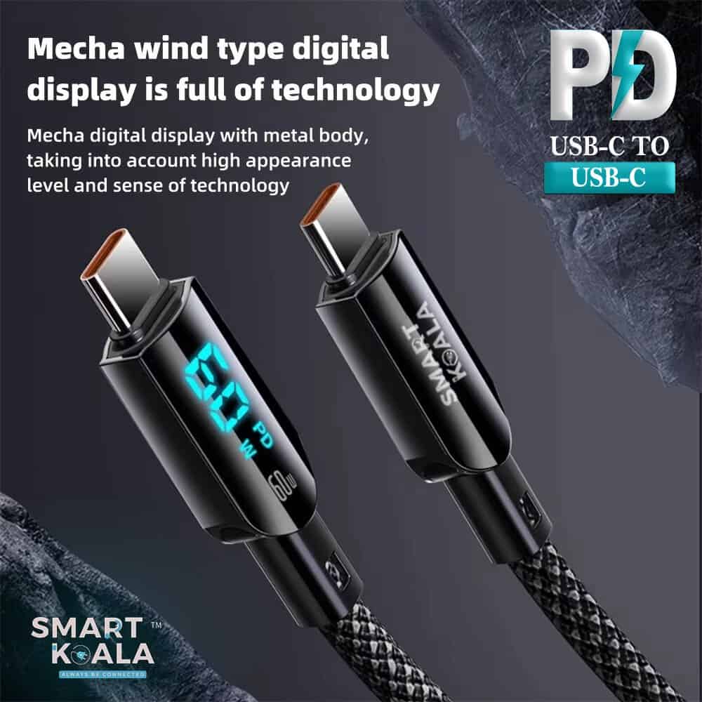 Smart Koala SK-C05 60W PD USB Type C to Type C Fast Charging Charger Braided With Digital Display Data Sync Cable Cord for iPhone iPad Samsung Galaxy Google Nokia Oppo