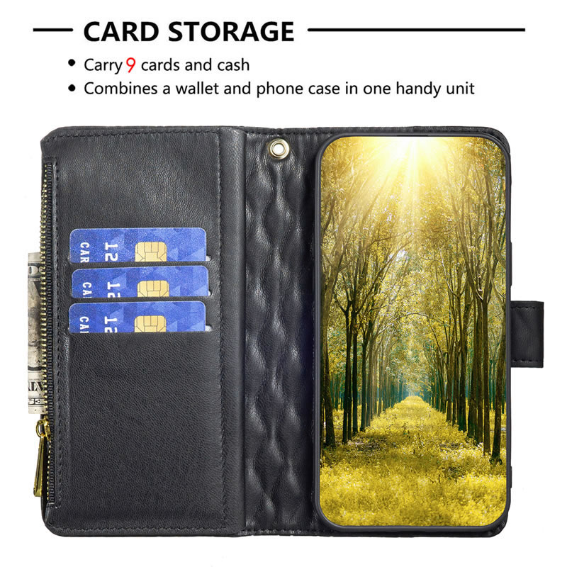 Binfin For Samsung Galaxy A Series Diamond Quilted Leather Zipper Wallet Flip Case with 9 Card Slots and Lanyard Cover – Green