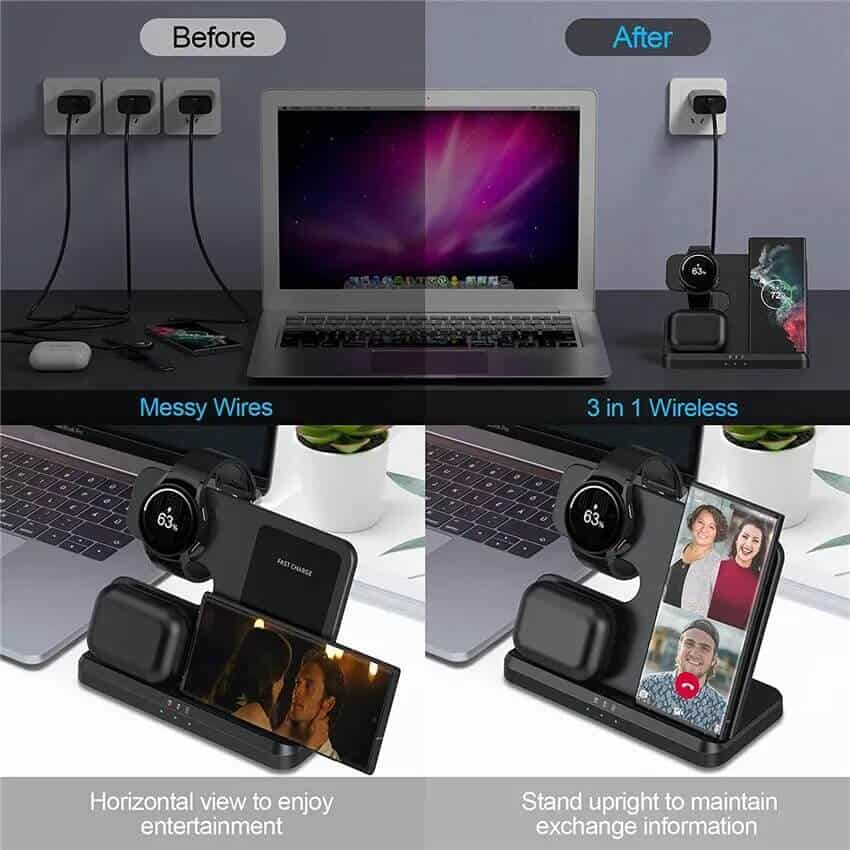 15W 3in1 Qi Wireless Fast Charging Charger Stand for Samsung Galaxy Watch 6/5/4/3/Active Galaxy S23/S22/S21 Ultra /Note Z Fold /Flip 4 Galaxy Buds