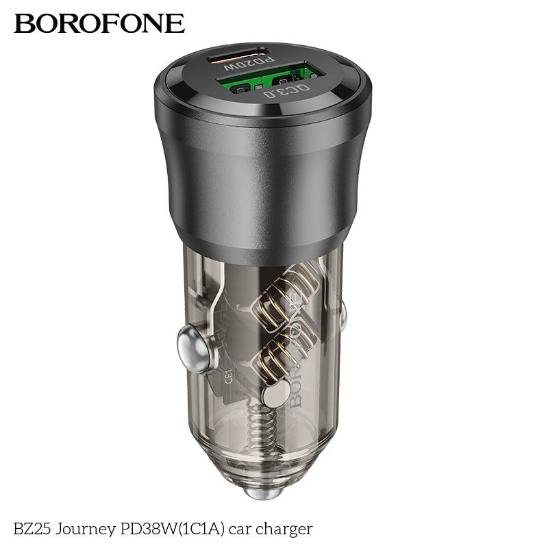 Borofone BZ25 38W PD20W PD USB Type C + QC3.0 USB A Fast Charging Quick Charger Car Charger Socket Adapter ( Transparent Black)