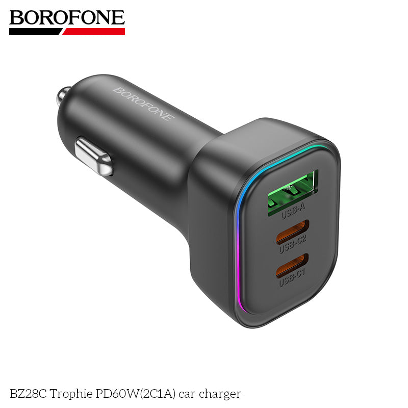 Borofone BZ28C 60W High Power Fast Charging Car Charger USB-A + Dual USB-C Quick Charging PD QC3.0 RGB Light