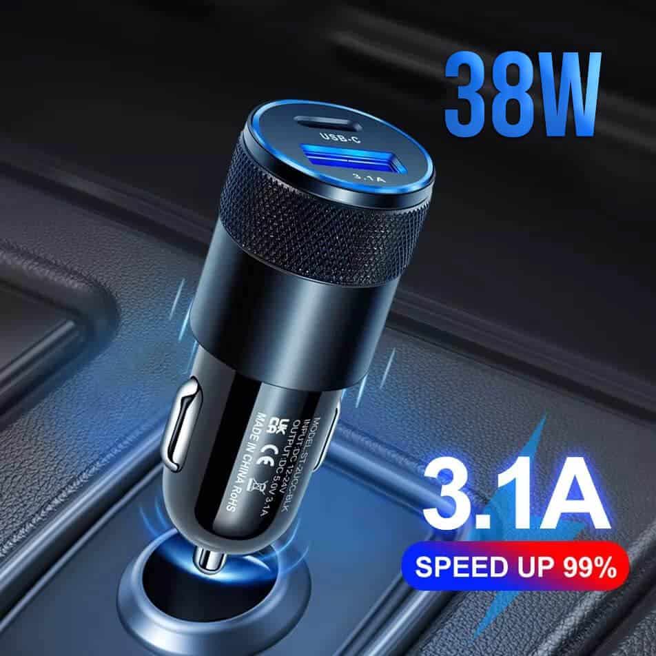 Smart Koala 38W 2 Ports PD Type C +3.1A USB Fast Charging Car Charger Socket Adapter with 1M Lightning Cable Cord for Apple iPhone/iPad/iPod