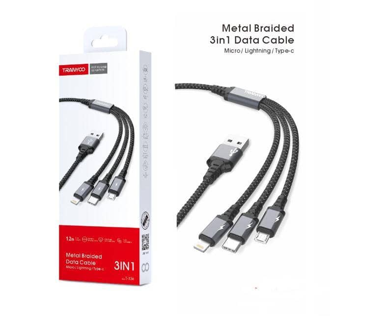 1X 10X 20X TRANYOO (T-XS6) 1.2M 3 in 1 Fast Charging Braided Multi Charger Cable