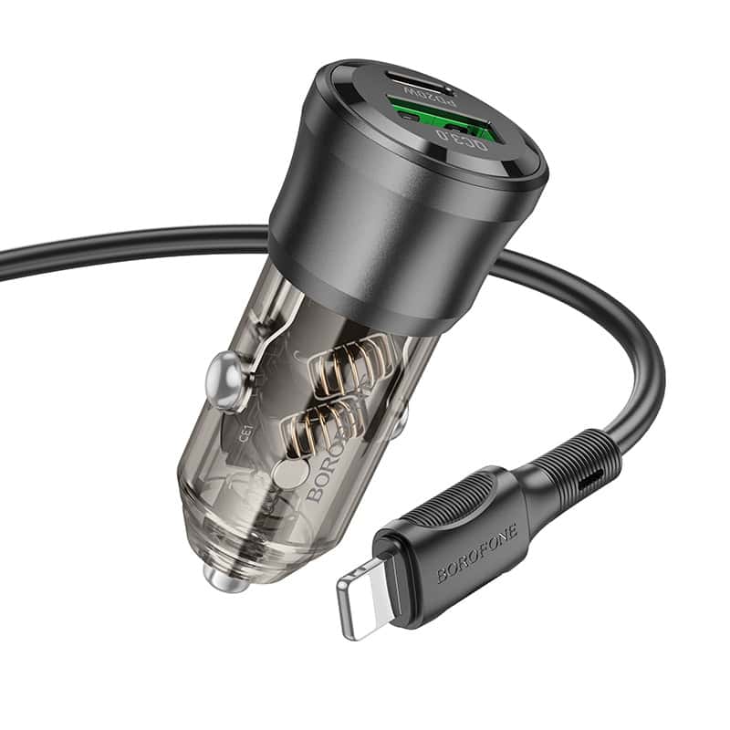 BOROFONE BZ25 Journey PD38W (1C1A) Fast Charging Quick Car Charger With PD Type C to Lightning Cable (Transparent Black)