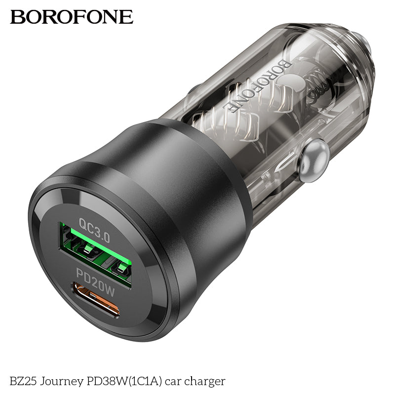 Borofone BZ25 38W PD20W PD USB Type C + QC3.0 USB A Fast Charging Quick Charger Car Charger Socket Adapter ( Transparent Black)