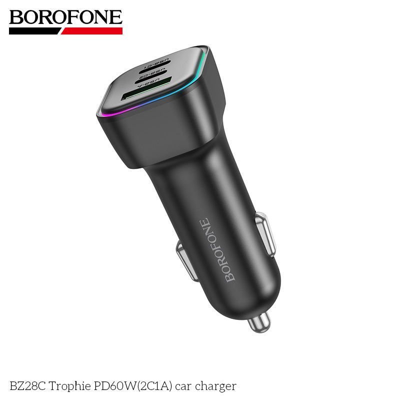 Borofone BZ28C 60W High Power Fast Charging Car Charger USB-A + Dual USB-C Quick Charging PD QC3.0 RGB Light