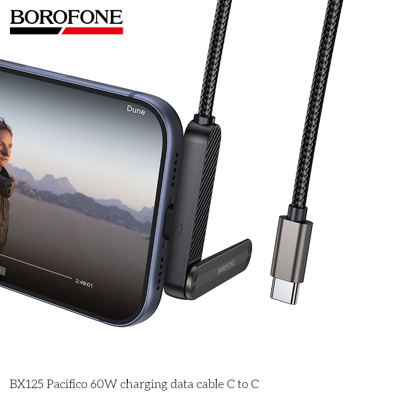 Borofone BX125 Pacifico 1M/3ft 60W Elbow PD USB-C to USB-C Braided Cable Fast Charger with Invisible Foldable Phone Stand