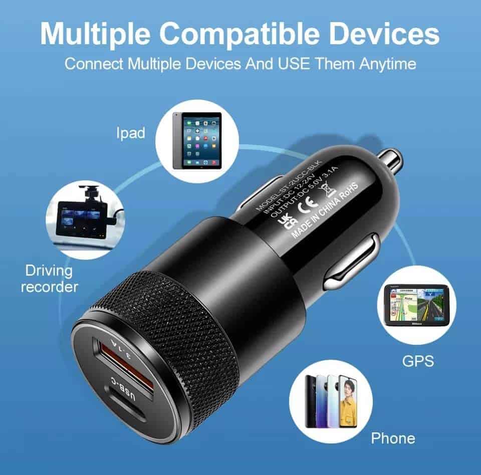 Smart Koala 38W 2 Ports PD Type C +3.1A USB Fast Charging Car Charger Socket Adapter with 1M Lightning Cable Cord for Apple iPhone/iPad/iPod