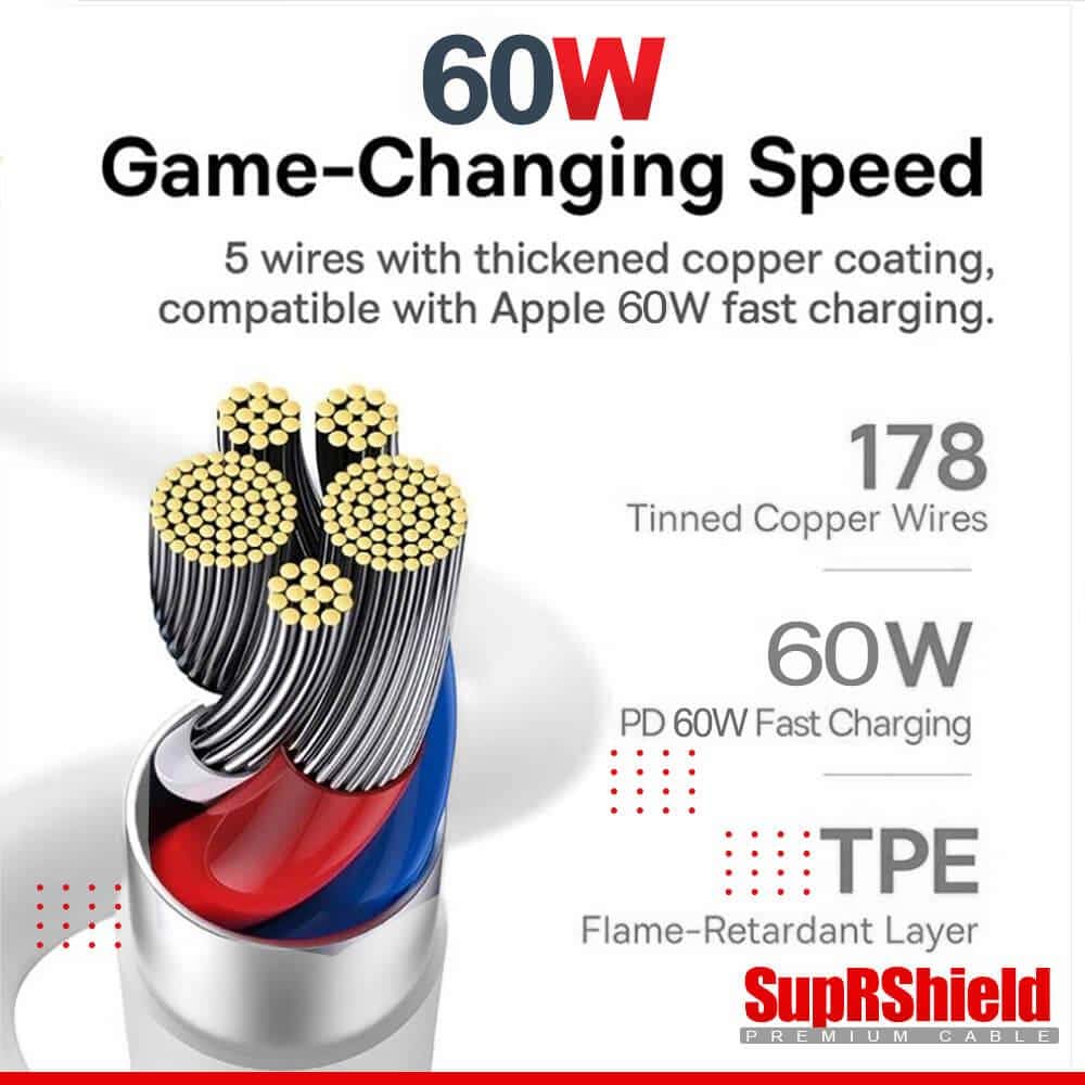 1X 10X 20X SupRShield PD 60W 4A USB Type C to Lightning Super Fast Charging Cable For Apple iPhone /iPad /AirPods Pro/iPod