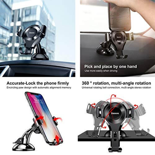 Baseus Gravity Car Phone Holder Mount, Dashboard & Windshield Clip Stand for iPhone