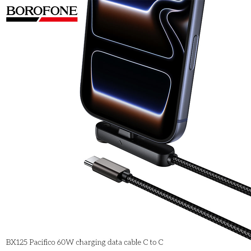 Borofone BX125 Pacifico 1M/3ft 60W Elbow PD USB-C to USB-C Braided Cable Fast Charger with Invisible Foldable Phone Stand