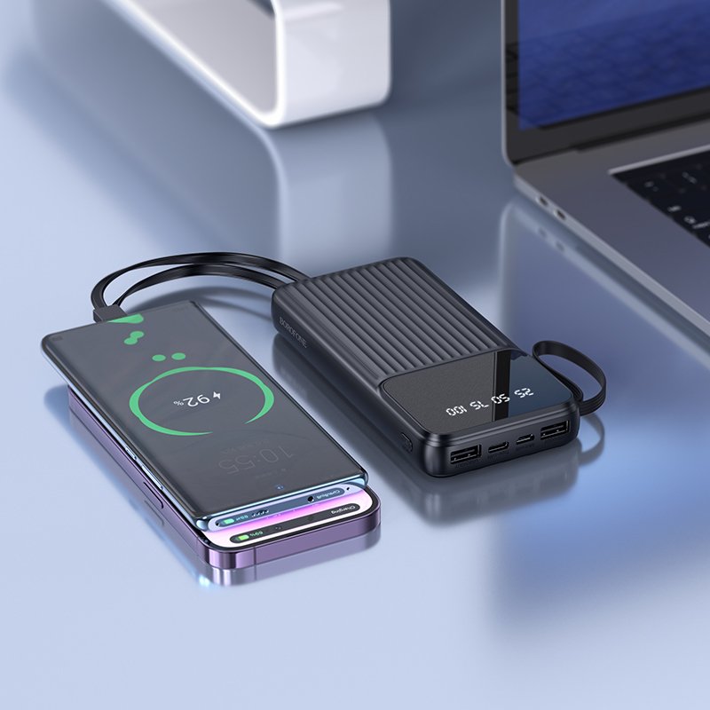 Borofone BJ76 10000mAh 37W Fast Charging Smart Display Power Bank with 4 Cables (Type C, Lightning, Micro USB & USB1)