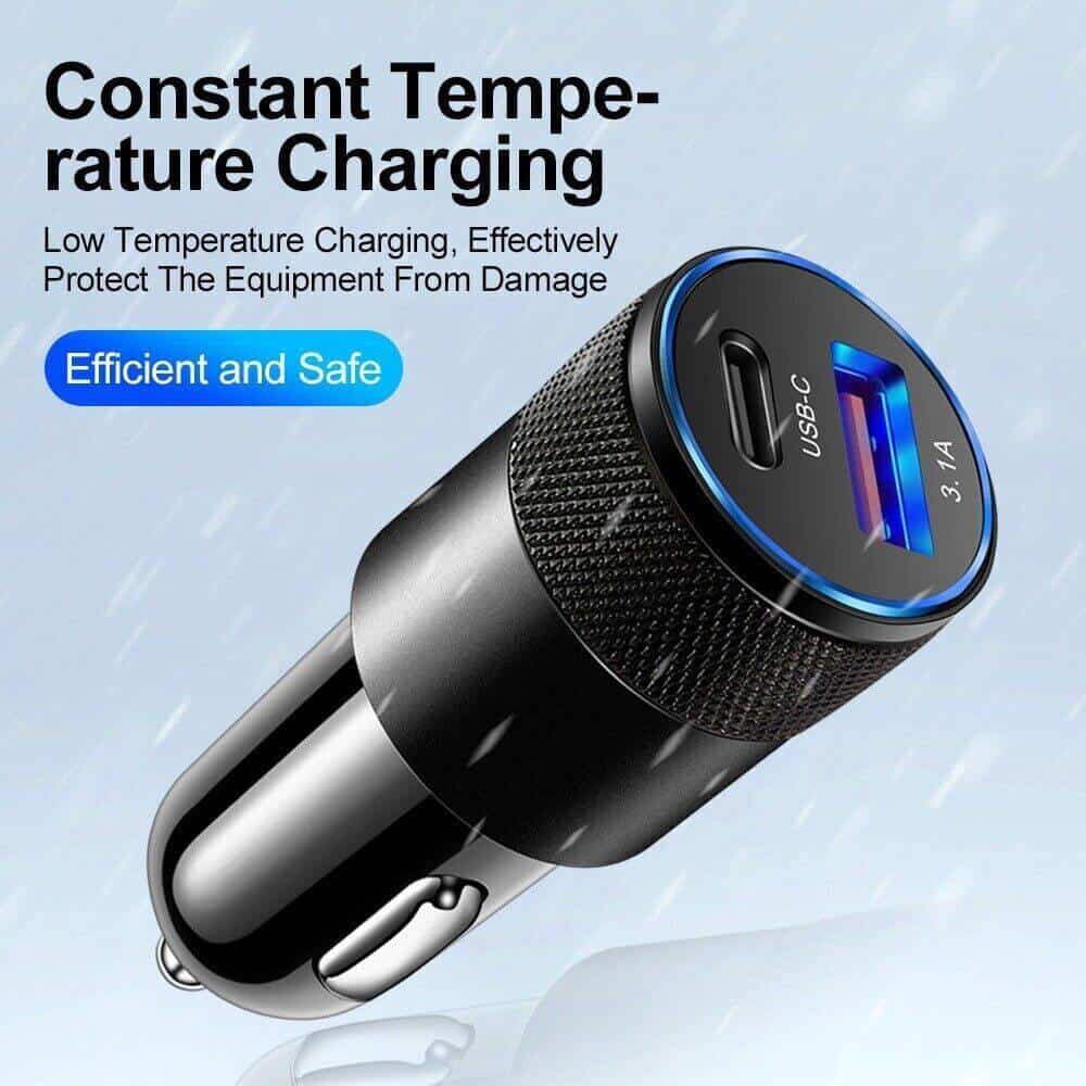 Smart Koala 38W 2 Ports PD Type C +3.1A USB Fast Charging Car Charger Socket Adapter + 1m Pd Type USB C to Type C Cable Cord For Samsung, Google, Oppo