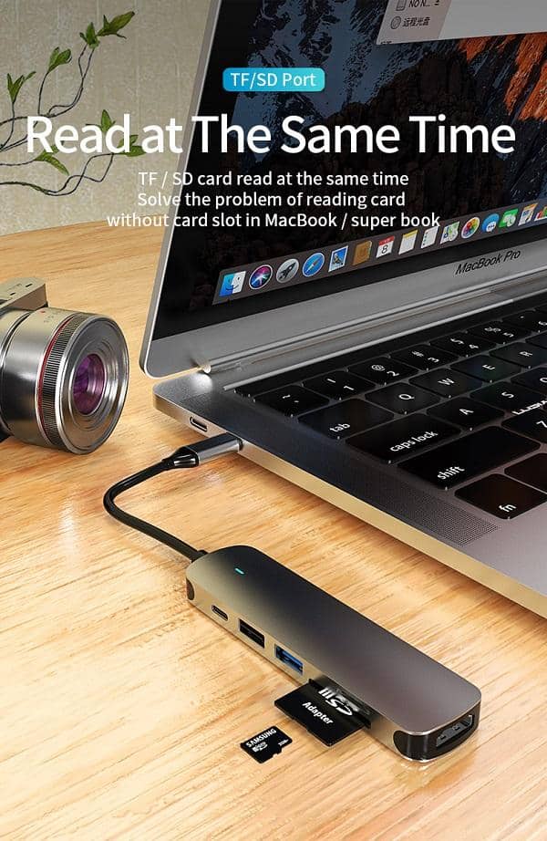 6in1 60W USB Type C Hub With 4K HDMI, 2 USB Ports SD/TF Card Reader USB C Adapter Dock for MacBook Air/Pro/Chromebook/Type C Laptops