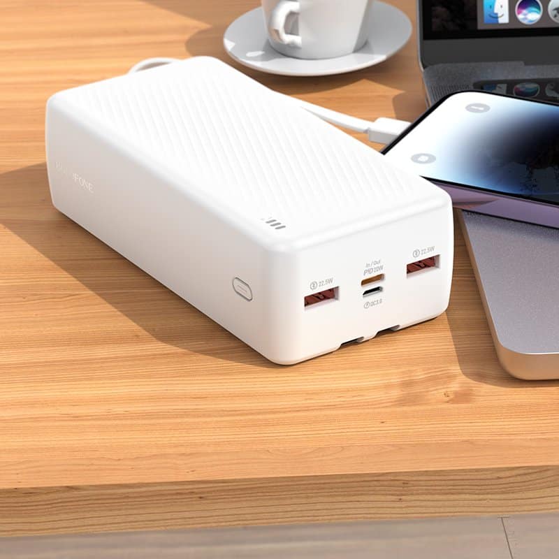 Borofone BJ57B 30000mAh 22.5W+PD20W Fast Charging Charger Portable High Capacity Power Bank With Type C & Lightning Cable (White)