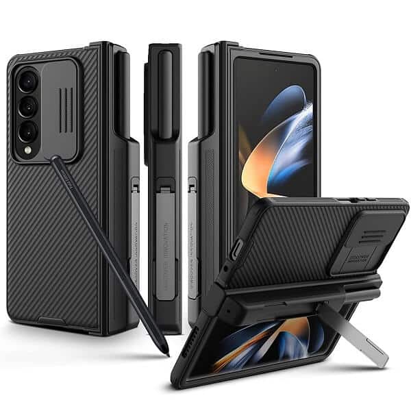 Nillkin CamShield Samsung Galaxy Z Fold 4 Fold4 5G Slide Camera Back Protective S Pen Holder 360° Fiber Cover Kickstand With S-Pen Pocket (Black)
