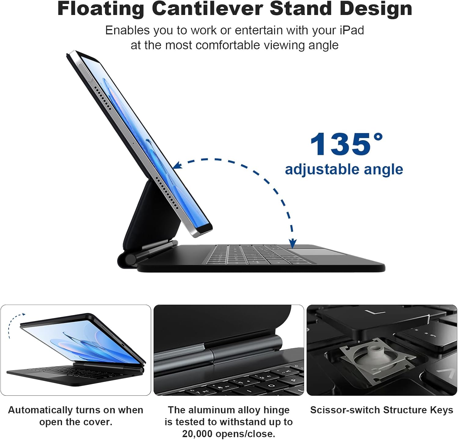 Magnetic Stand Wireless Bluetooth Keyboard with TouchPad, Portrait/Raised Modes for iPad