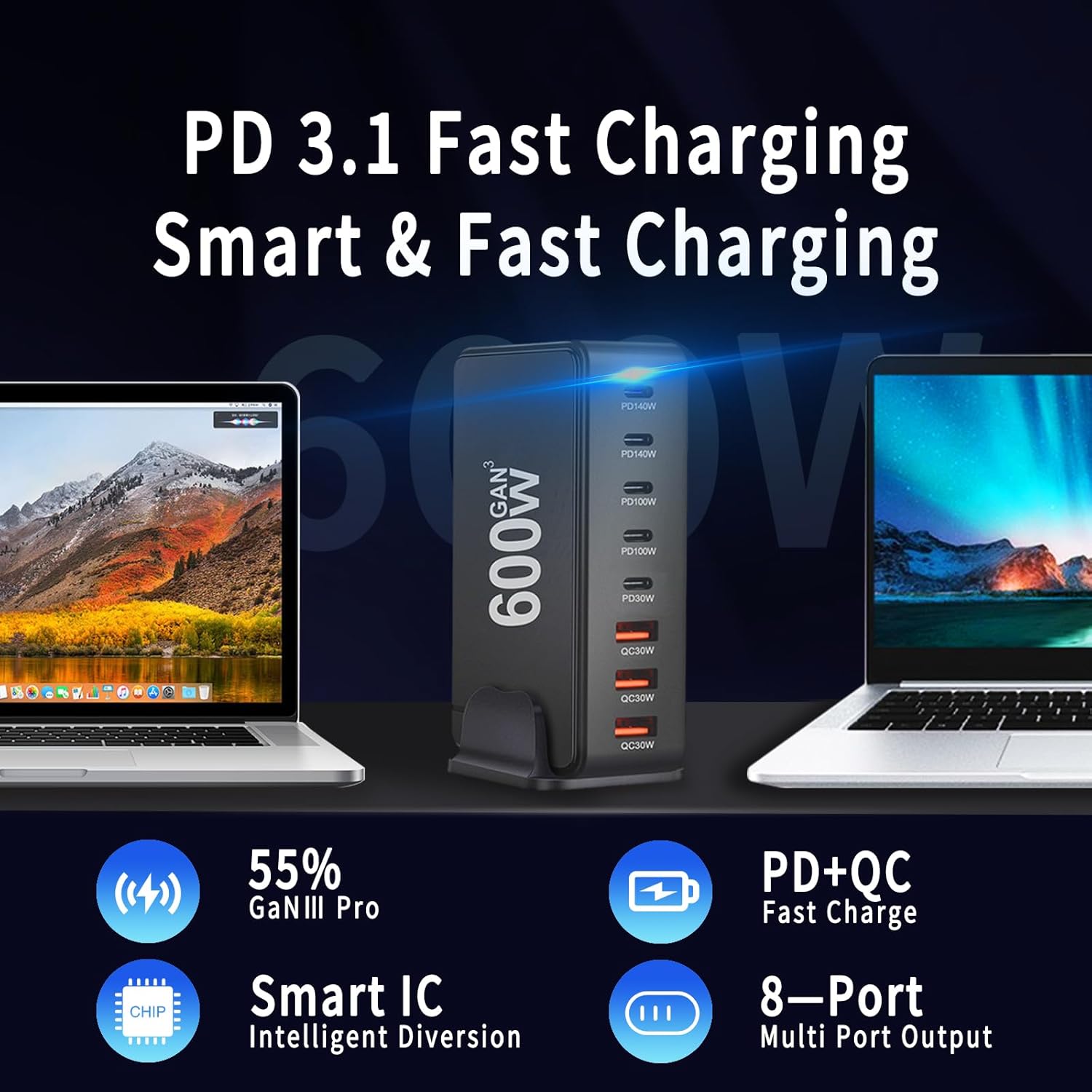 600W 8-Port GaN Charger Dock, 140W/100W USB-C & 30W USB-A, for MacBook, iPad, iPhone, Samsung, Pixel, Dell – Laptop & Phone Charging Station