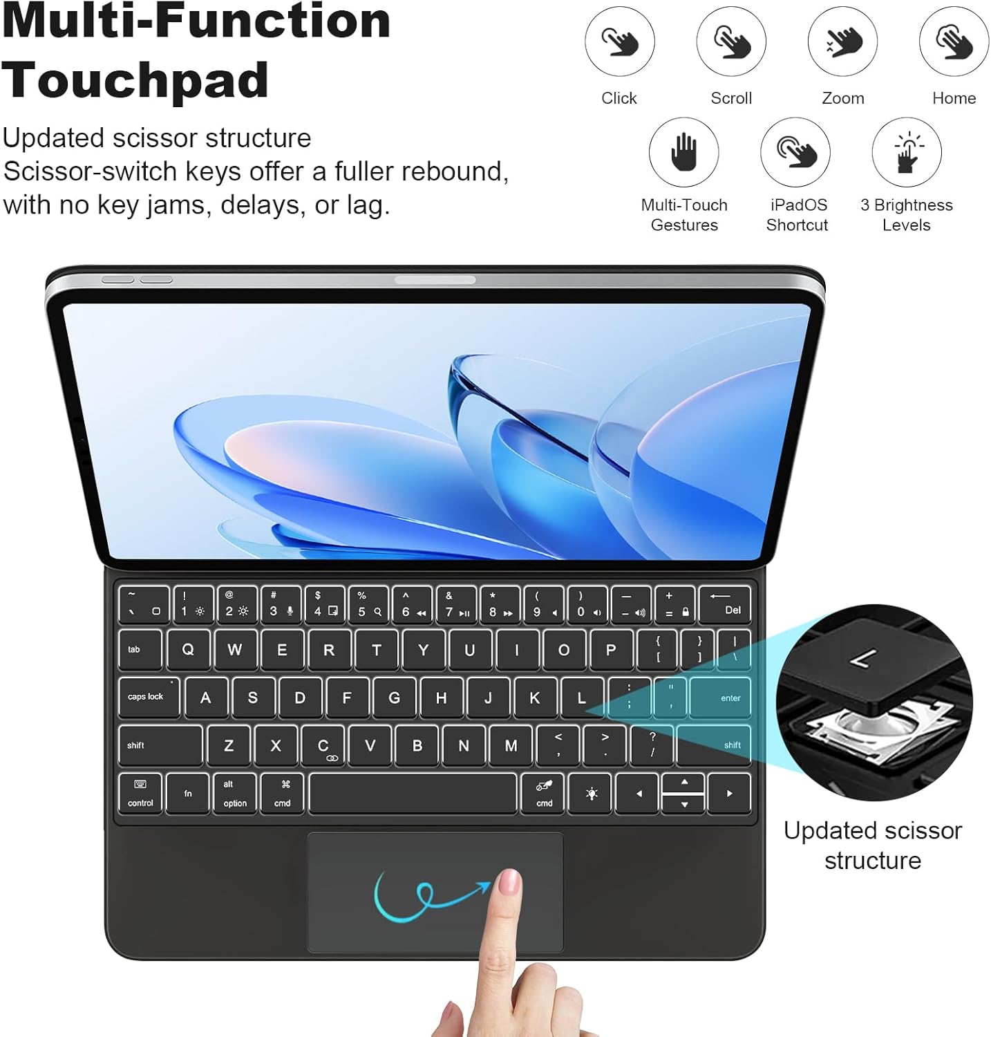 Magnetic Stand Wireless Bluetooth Keyboard with TouchPad, Portrait/Raised Modes for iPad