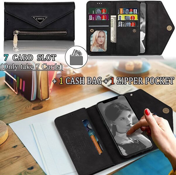 Samsung Galaxy A22 5G /A22 4G Phone Case Wallet [Not Fit 4G] N.Bekus Leather Flip Zipper Pocket Magnetic Purse With Strap & Card Holder for Girls Women (Black)