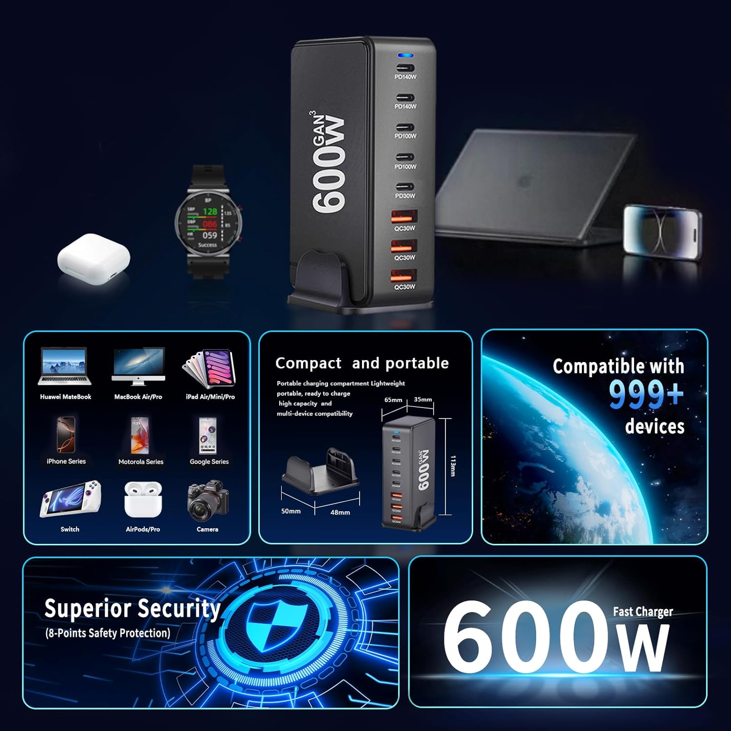 600W 8-Port GaN Charger Dock, 140W/100W USB-C & 30W USB-A, for MacBook, iPad, iPhone, Samsung, Pixel, Dell – Laptop & Phone Charging Station