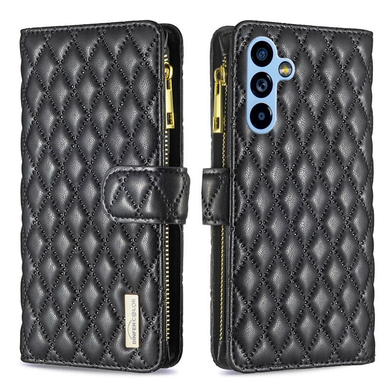 Binfin For Samsung Galaxy A Series Diamond Quilted Leather Zipper Wallet Flip Case with 9 Card Slots and Lanyard Cover – Green