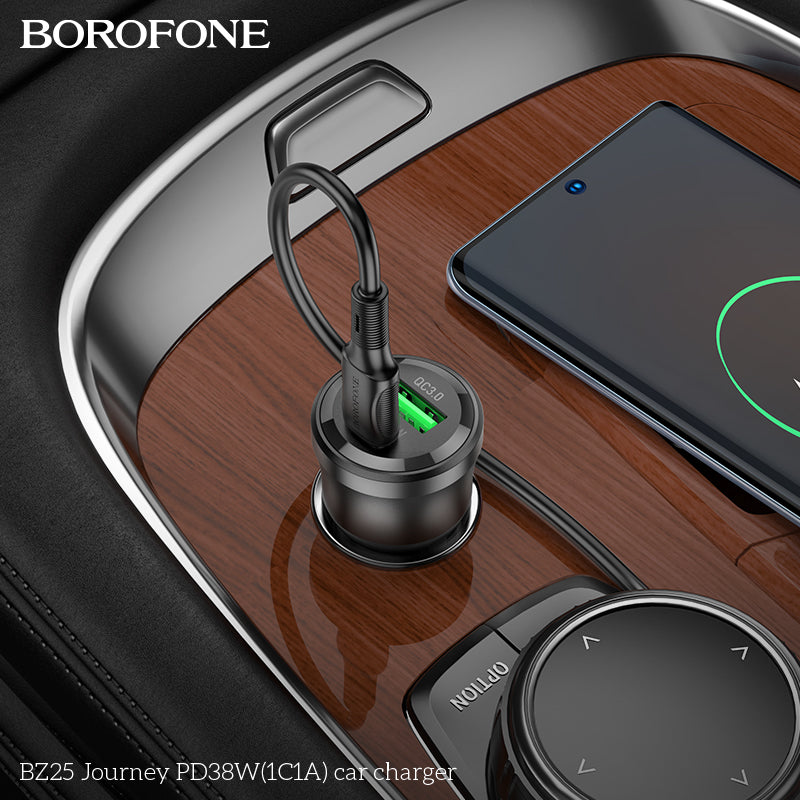 Borofone BZ25 38W PD20W PD USB Type C + QC3.0 USB A Fast Charging Quick Charger Car Charger Socket Adapter ( Transparent Black)