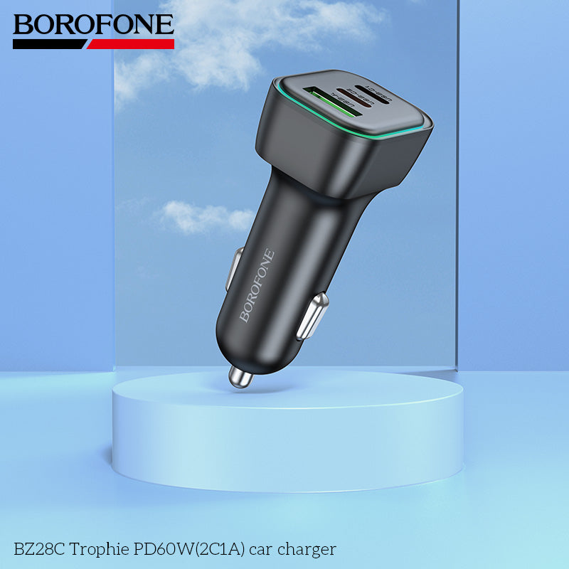 Borofone BZ28C 60W High Power Fast Charging Car Charger USB-A + Dual USB-C Quick Charging PD QC3.0 RGB Light