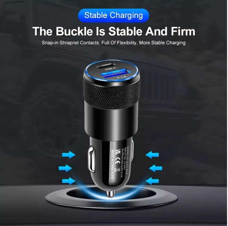 Smart Koala 38W 2 Ports PD Type C +3.1A USB Fast Charging Car Charger Socket Adapter + 1m Pd Type USB C to Type C Cable Cord For Samsung, Google, Oppo