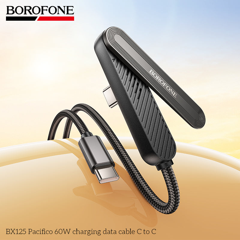 Borofone BX125 Pacifico 1M/3ft 60W Elbow PD USB-C to USB-C Braided Cable Fast Charger with Invisible Foldable Phone Stand