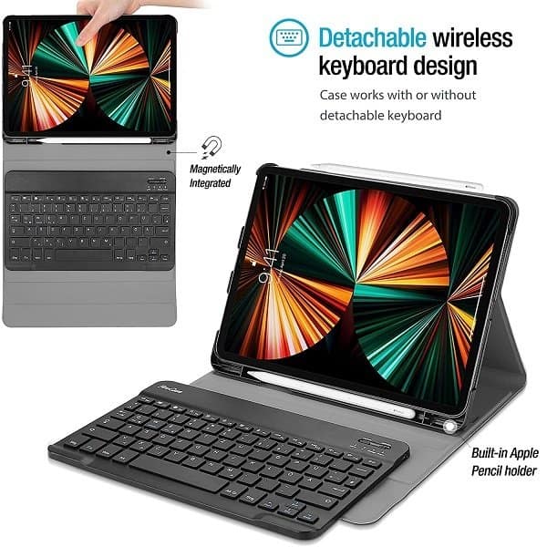 Apple iPad Pro 12.9 2021 Wireless Bluetooth Keyboard Case, With Pencil Holder Folio Leather Smart Cover (Black)