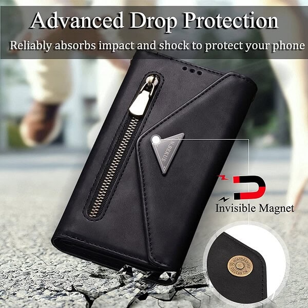 Samsung Galaxy A22 5G /A22 4G Phone Case Wallet [Not Fit 4G] N.Bekus Leather Flip Zipper Pocket Magnetic Purse With Strap & Card Holder for Girls Women (Black)