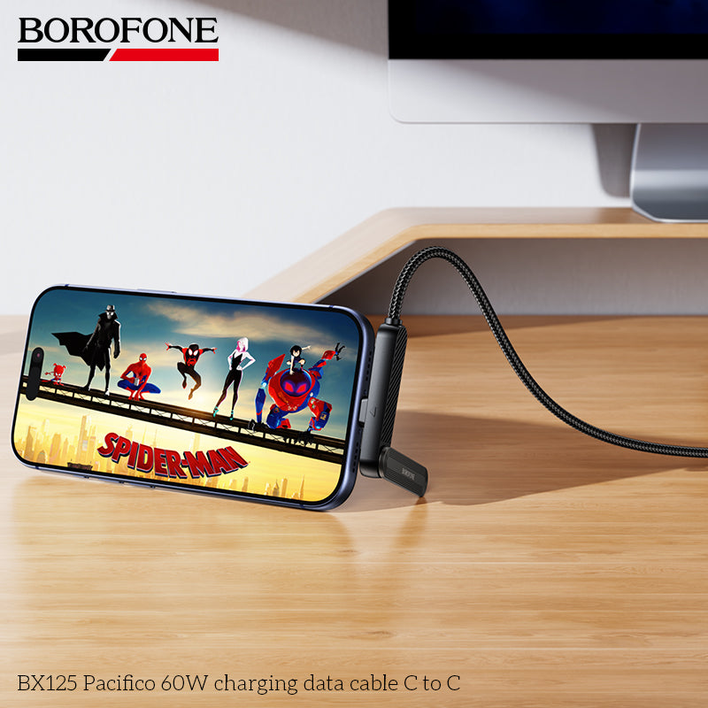 Borofone BX125 Pacifico 1M/3ft 60W Elbow PD USB-C to USB-C Braided Cable Fast Charger with Invisible Foldable Phone Stand