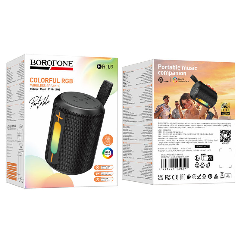 Borofone BR109 Wave Colorful RGB Wireless Bluetooth BT5.4 Sports Portable Speaker (Black)