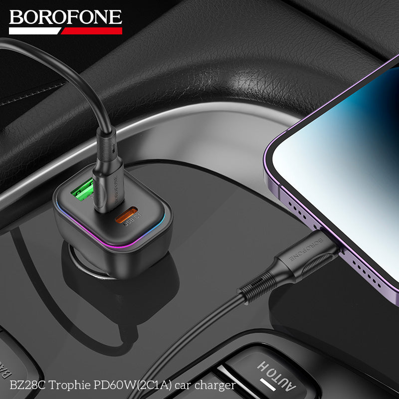 Borofone BZ28C 60W High Power Fast Charging Car Charger USB-A + Dual USB-C Quick Charging PD QC3.0 RGB Light