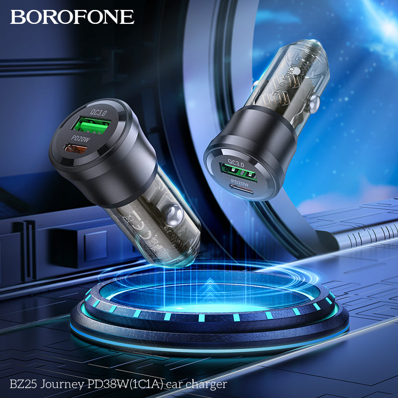 Borofone BZ25 38W PD20W PD USB Type C + QC3.0 USB A Fast Charging Quick Charger Car Charger Socket Adapter ( Transparent Black)