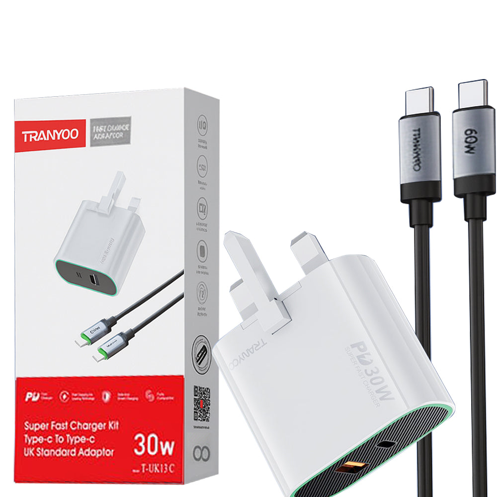 [UK Plug] Tranyoo 30W Super Fast Charger PD Type-C + USB A Dual Port with 60W PD USB C Cable (UK Plug)