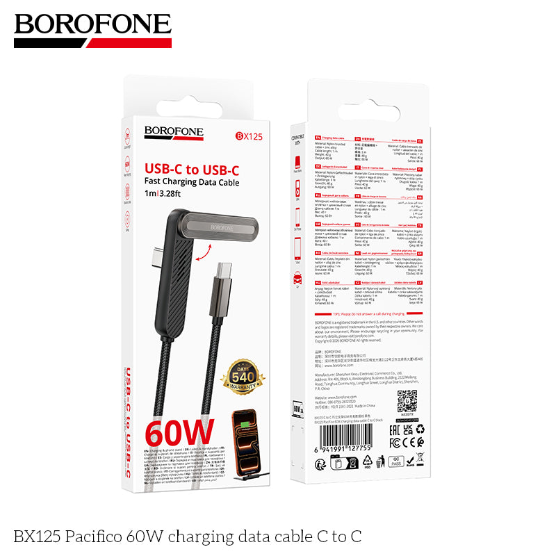 Borofone BX125 Pacifico 1M/3ft 60W Elbow PD USB-C to USB-C Braided Cable Fast Charger with Invisible Foldable Phone Stand