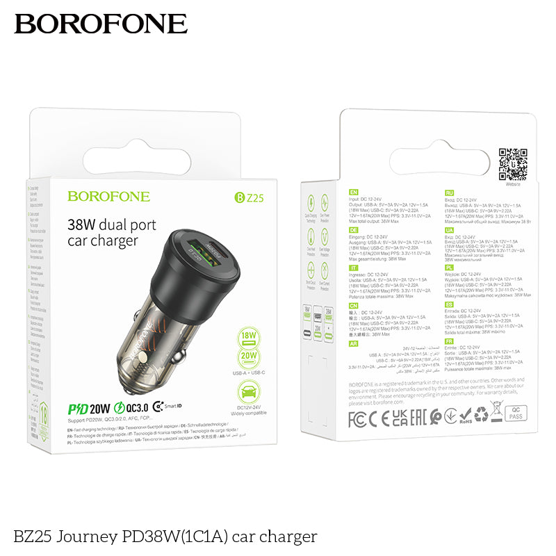 Borofone BZ25 38W PD20W PD USB Type C + QC3.0 USB A Fast Charging Quick Charger Car Charger Socket Adapter ( Transparent Black)