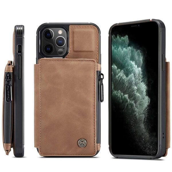 Apple iPhone 11 Pro Max CaseMe Back Zipper Wallet Case W/ 3 Card Slots, RFID Blocking, 1 Money Pocket, Credit Card Holder Leather Cover (Brown)