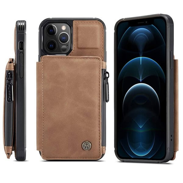 Apple iPhone 12 Pro Max Back Zipper Wallet Case W/ 3 Card Slots, RFID Blocking, 1 Money Pocket, Credit Card Holder Leather Cover (Brown)