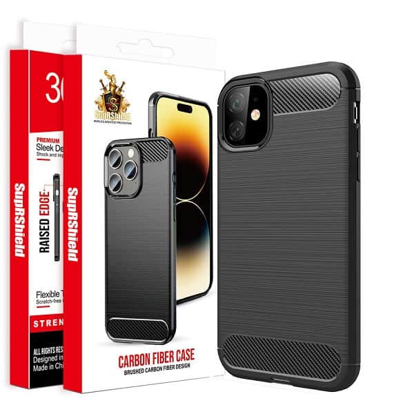For Apple iPhone Carbon Fiber Case Shockproof Heavy Duty Rugged Anti Knock Back Cover (Black)