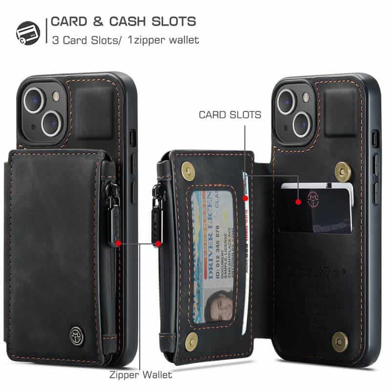 Apple iPhone 15 CaseMe Back Zipper Wallet Case W 3 Card Slots, RFID Blocking, 1 Money Pocket, Credit Card Holder Leather Cover